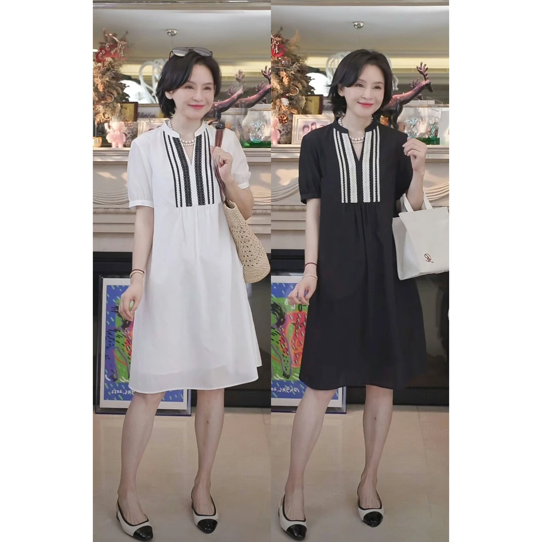 我是摩羯 浪漫千金 6A级桑蚕丝棉花边直筒优雅夏季短袖连衣裙