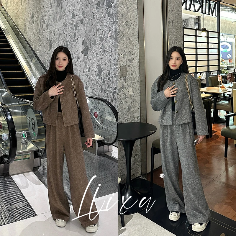 Liixu冬新款小香风毛呢外套羽绒内胆阔腿裤套装两件套L48TZ043