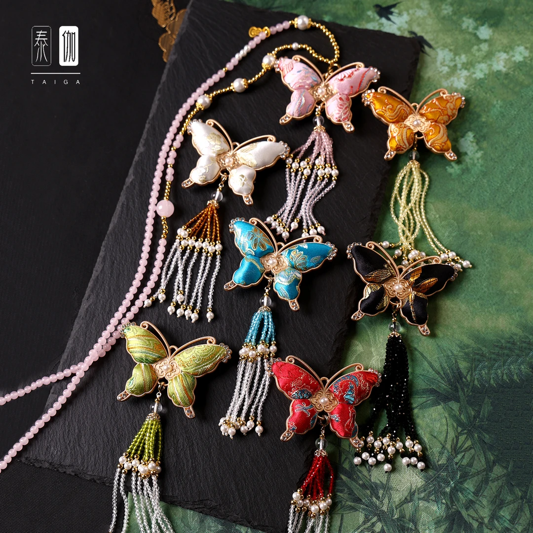 铜仿水晶吊坠 双面宋锦蝴蝶吊坠挂链佛牌唐卡吊坠链汉服旗袍配链