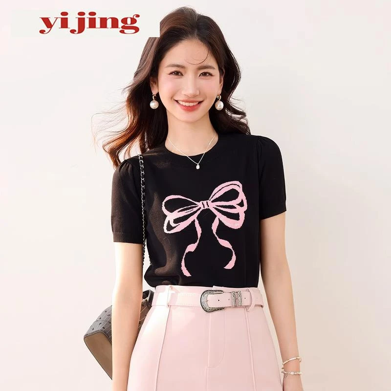 异径黑色蝴蝶结冰丝短袖T恤女夏季新款气质修身显瘦针织上衣