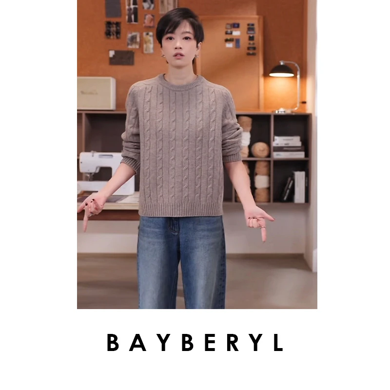 BAYBERYL老贝补丁毛衣*绞花拼接圆领百搭针织衫ZZS3K0301