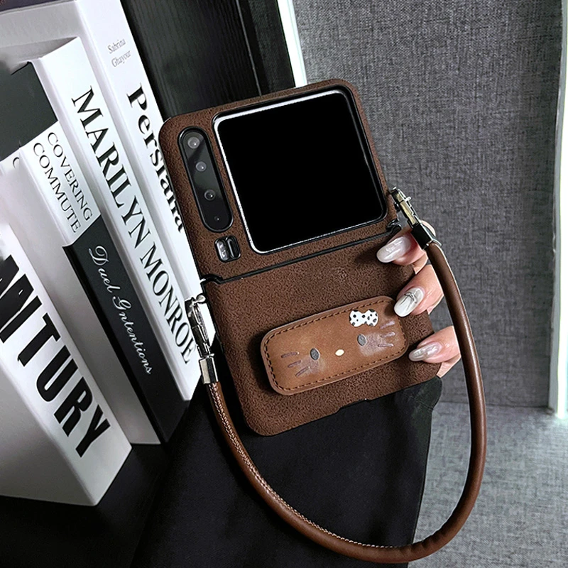 棕色月坑纹KT猫支架适用华为PuraX手机壳novaFlipS折叠屏pocket2