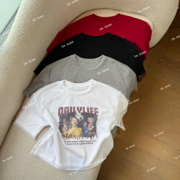 /D.X/2025夏款『美式男孩』设计感网纱假两件印花字母洋气短袖T恤