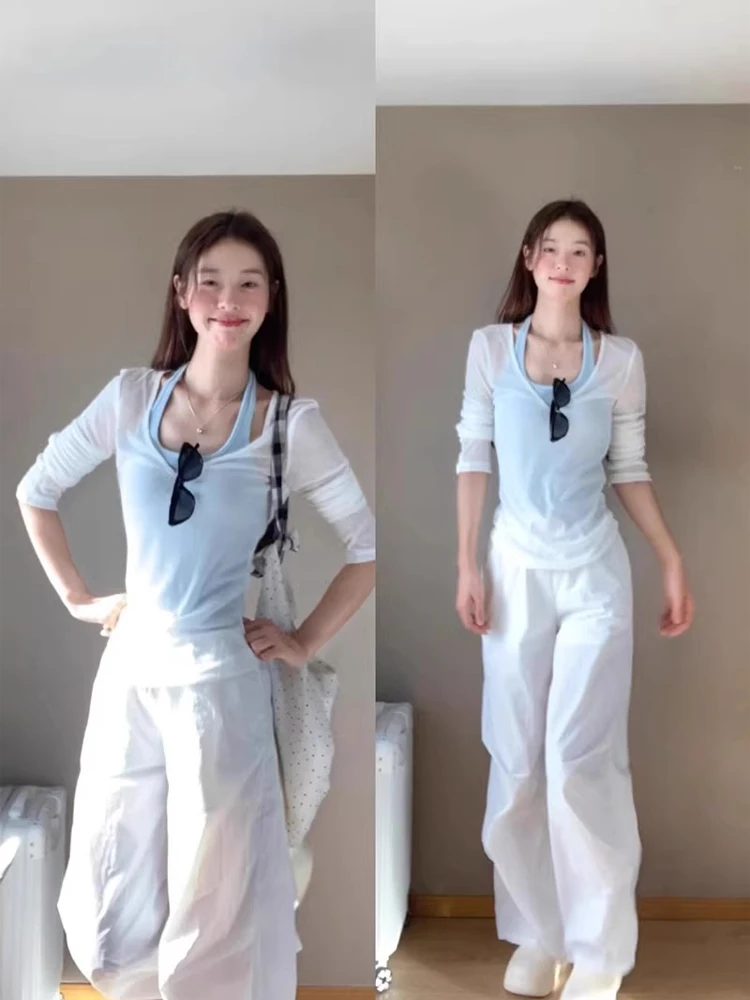 白色V领长袖t恤女春季挂脖吊带外搭两件套薄款防晒罩衫甜辣小上衣