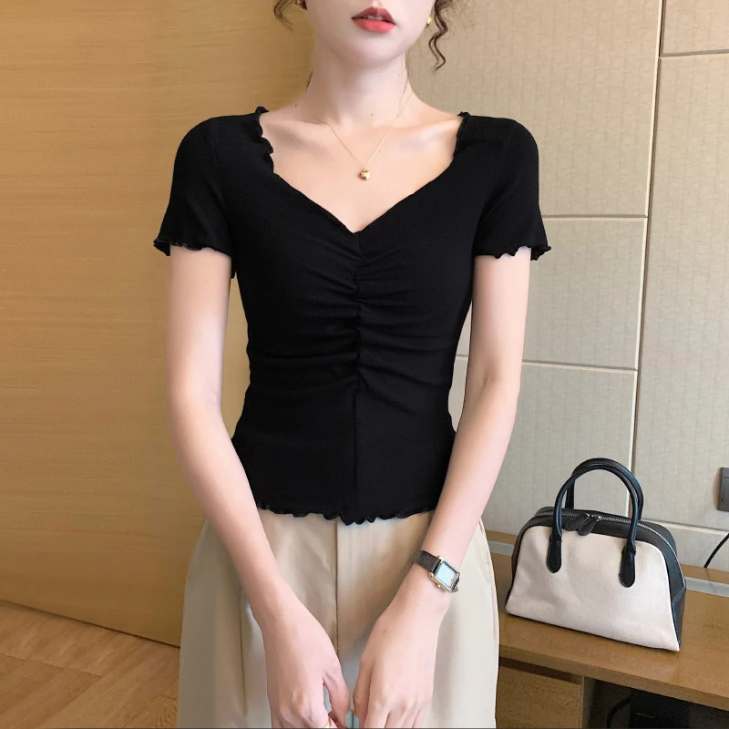 黑色螺纹v领短袖t恤女夏季 2025新款高腰设计感小众低领半袖上衣