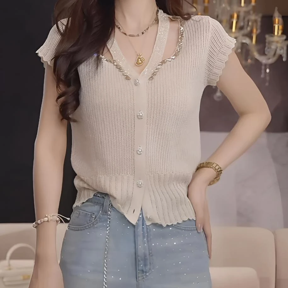 法式轻奢气质镶钻v领小飞袖针织衫女夏新款洋气百搭小众上衣7408