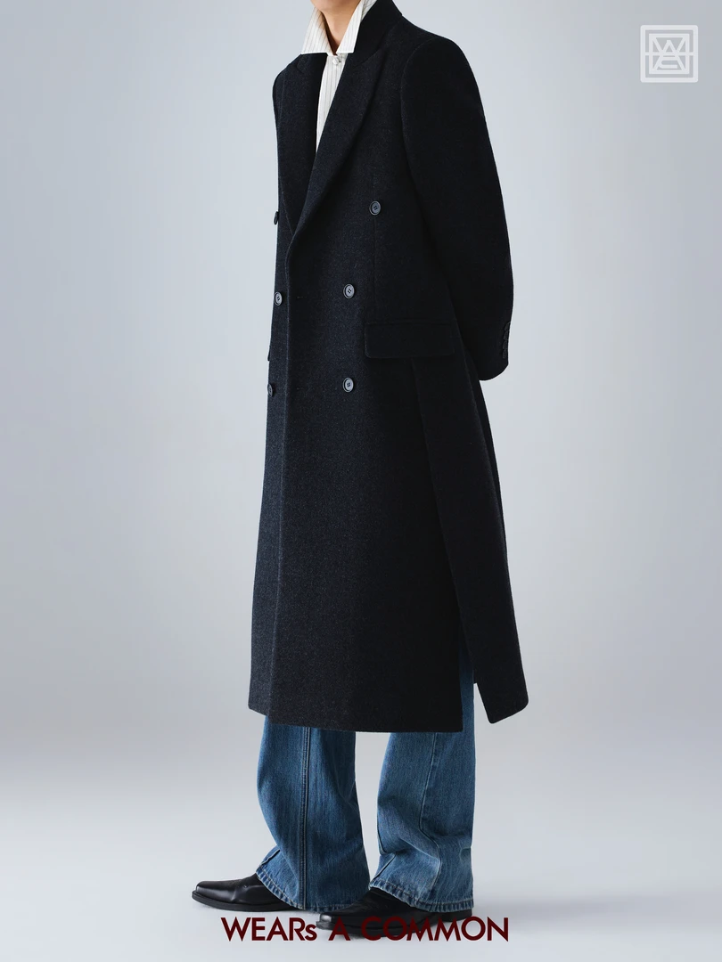 WAC 羊毛双面呢戗驳领宽肩显高四开身长款毛呢大衣