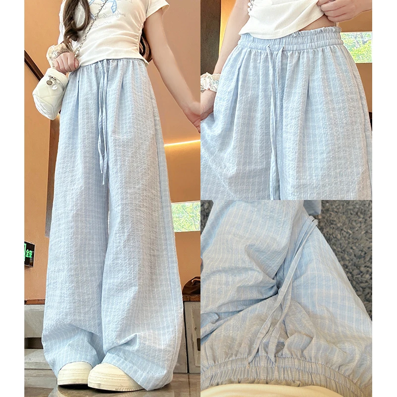 蓝色韩版木耳边格子休闲裤女2025夏季新款直筒高腰显瘦宽松阔腿裤