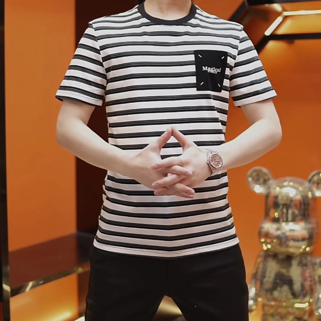 2025新款短袖修身T恤大码潮流春夏上衣圆领条纹修身男士时尚