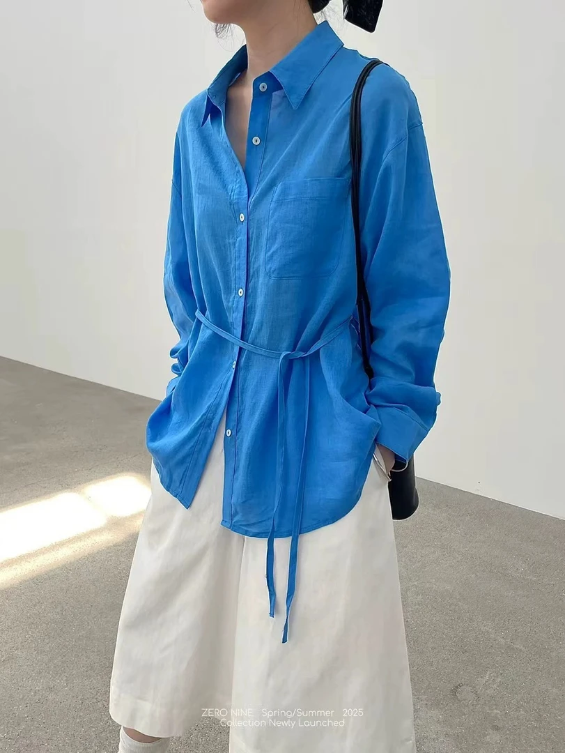 601【不退换】长袖腰带中长款防晒披风外套夏衬衫显瘦上衣纯色ol