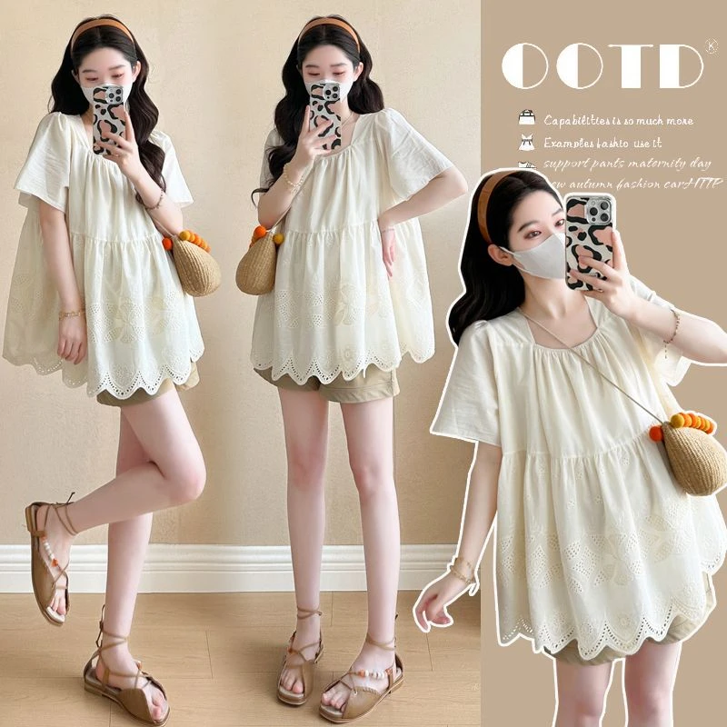 孕妇装2025夏季新款孕妇韩版蕾丝刺绣减龄娃娃衫上衣中长款T恤