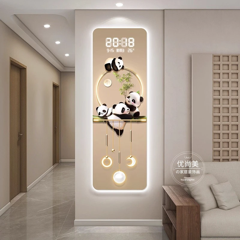 熊猫客厅数显电子钟表2025新款卡通玄关发光挂画背景墙装饰画
