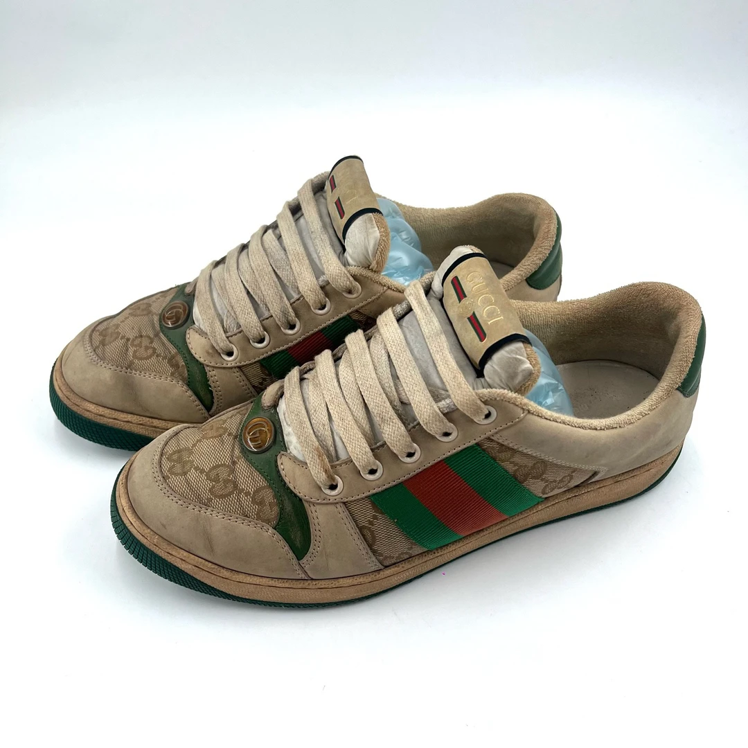 95新 GUCCI/古驰 40.5码/灰绿拼接双G复古皮革做旧脏脏鞋/07945