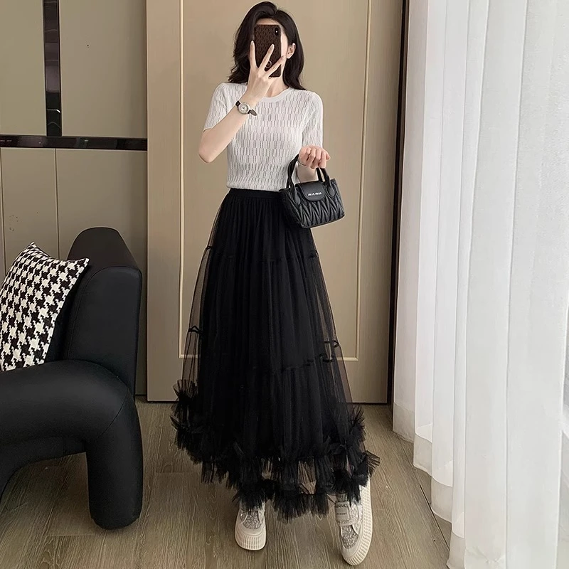 韩系高级感休闲时尚套装裙女夏气质减龄显瘦短袖网纱半身裙两件套