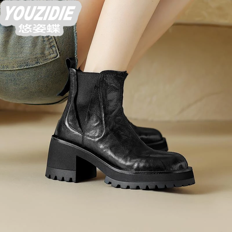 YOUZIDIE小羊皮高跟粗跟短靴子女2025秋冬覆古风圆头厚底切尔西靴