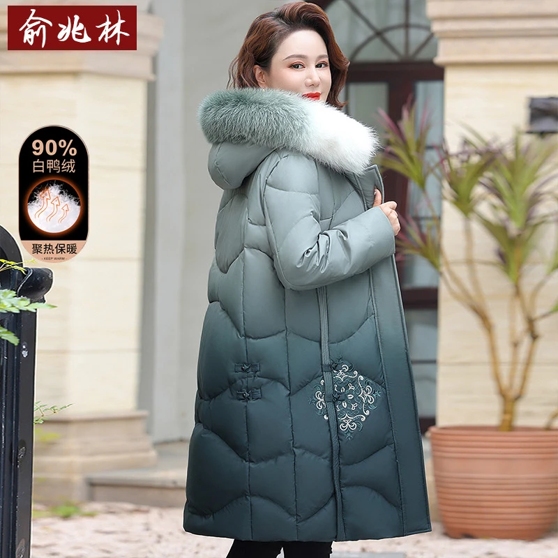妈妈羽绒服中长款新中式国风女装2024新款狐狸毛中老年人保暖外套