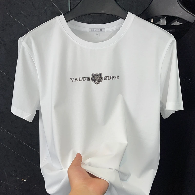 高端潮牌男士修身短袖T恤欧洲站新款虎头烫钻男装衣服内搭打底衫