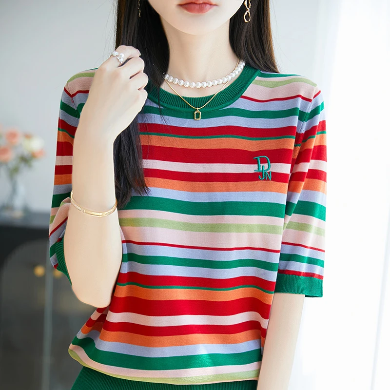 绚烂彩虹条纹100%天丝拼色减龄显瘦莱赛尔短袖薄款针织T恤