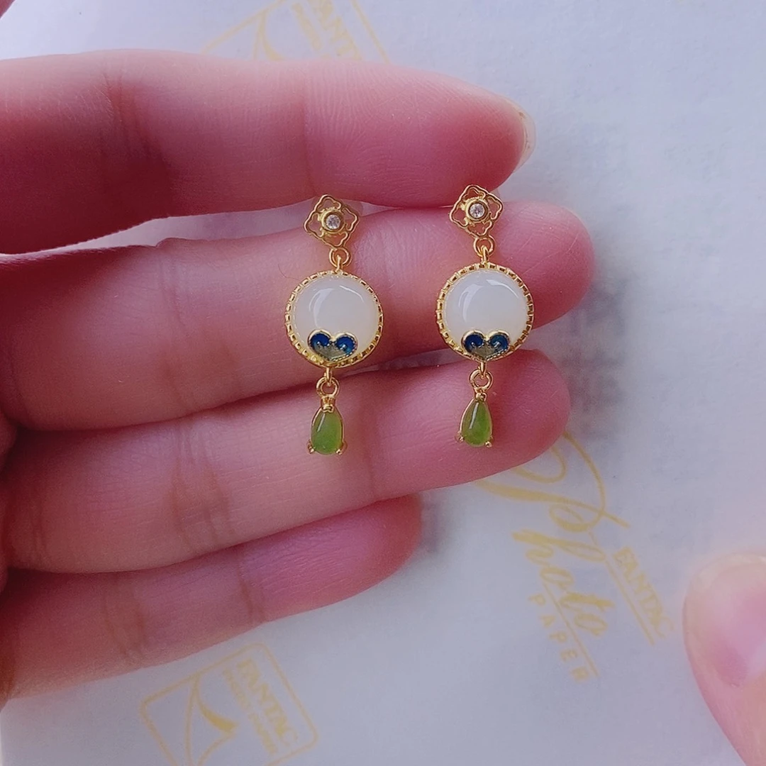 和田玉耳饰银S925镀金镶嵌