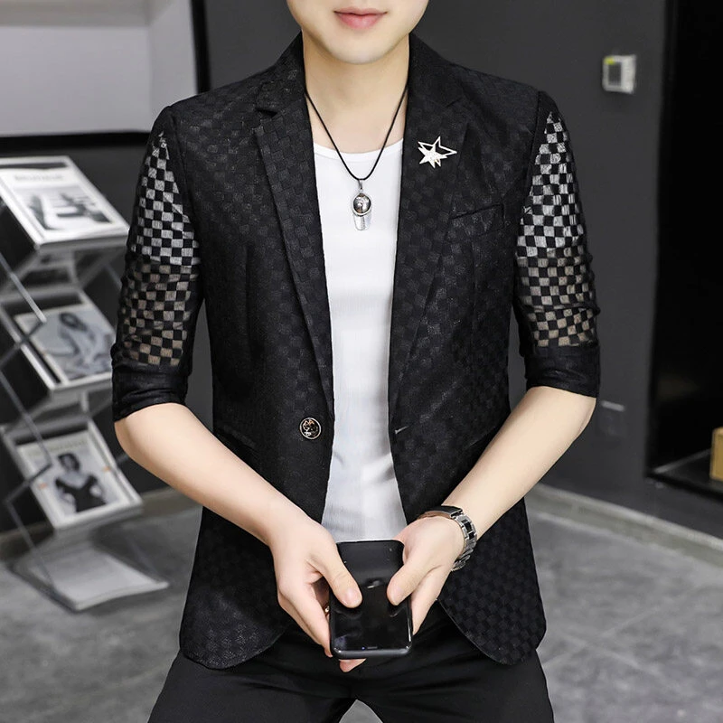韩版修身时尚高档2025爆款夏季新品男士西服外套潮流百搭中袖西装