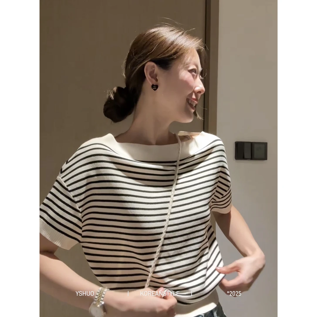 【一衣多穿】简约套头斜肩一字肩条纹休闲针织短袖上衣 25196