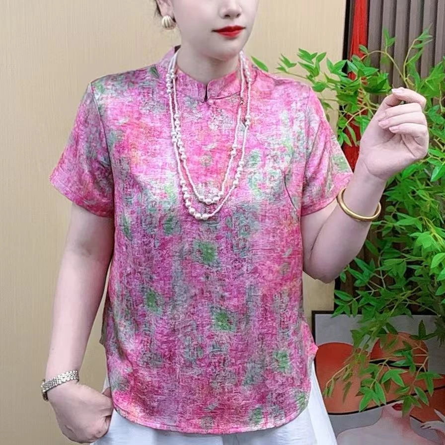 夏季显瘦印花斜襟圆领新中式网红女装休闲百搭女士气质时尚宽松