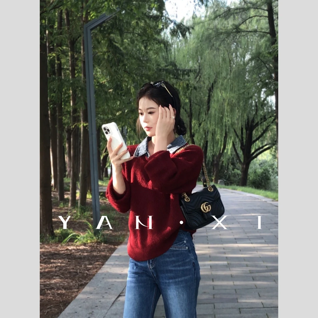 言希】【心动邂逅】假两件针织毛衣女长袖秋冬毛衣针织YXD4MY4534A