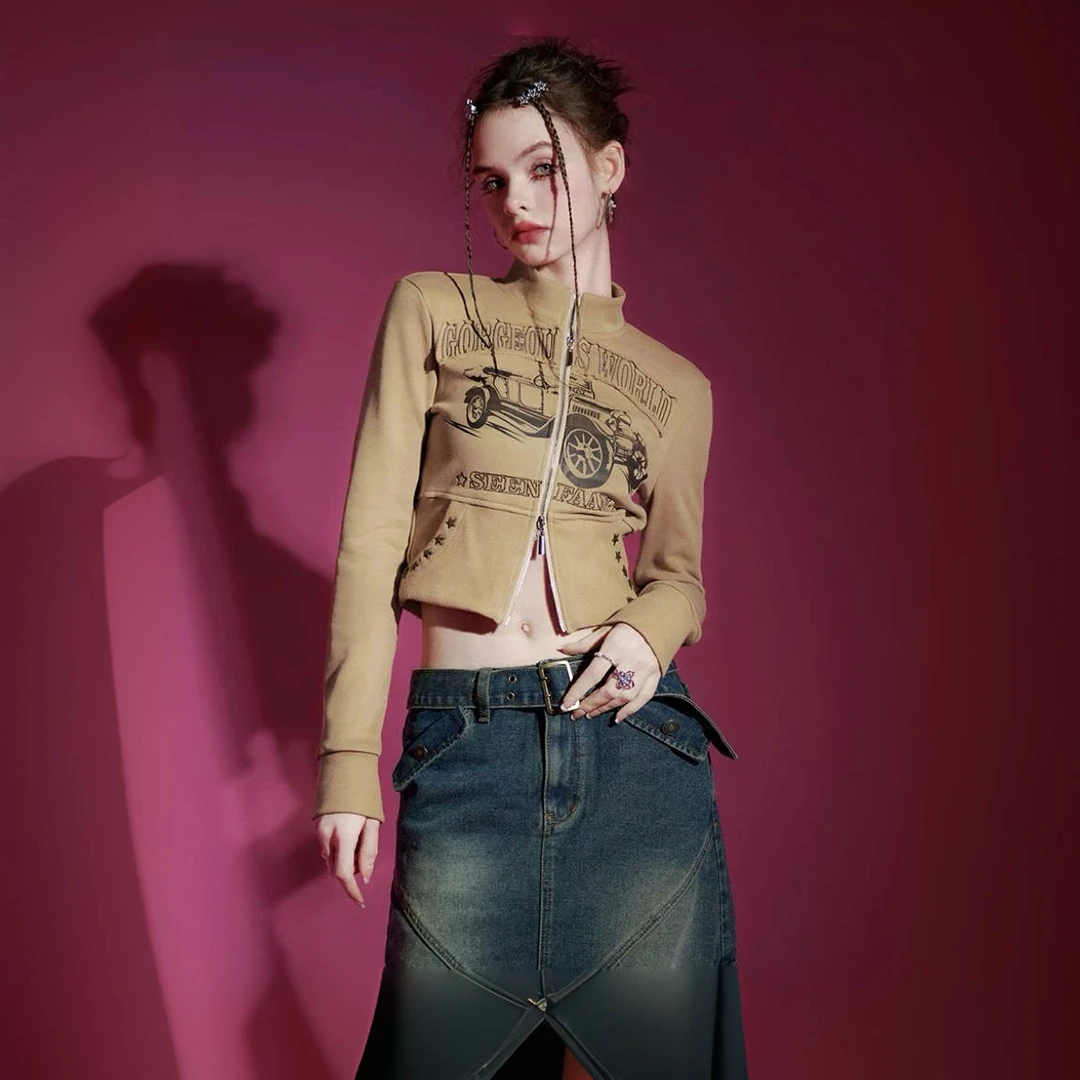 576以女人之资 御尘而行 港风复古辣妹款高腰开衫卫衣