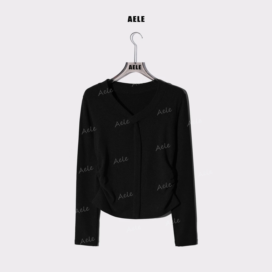 AELE设计感交叉V领飘带长袖修身褶皱显瘦打底上衣 T855 3392 AD
