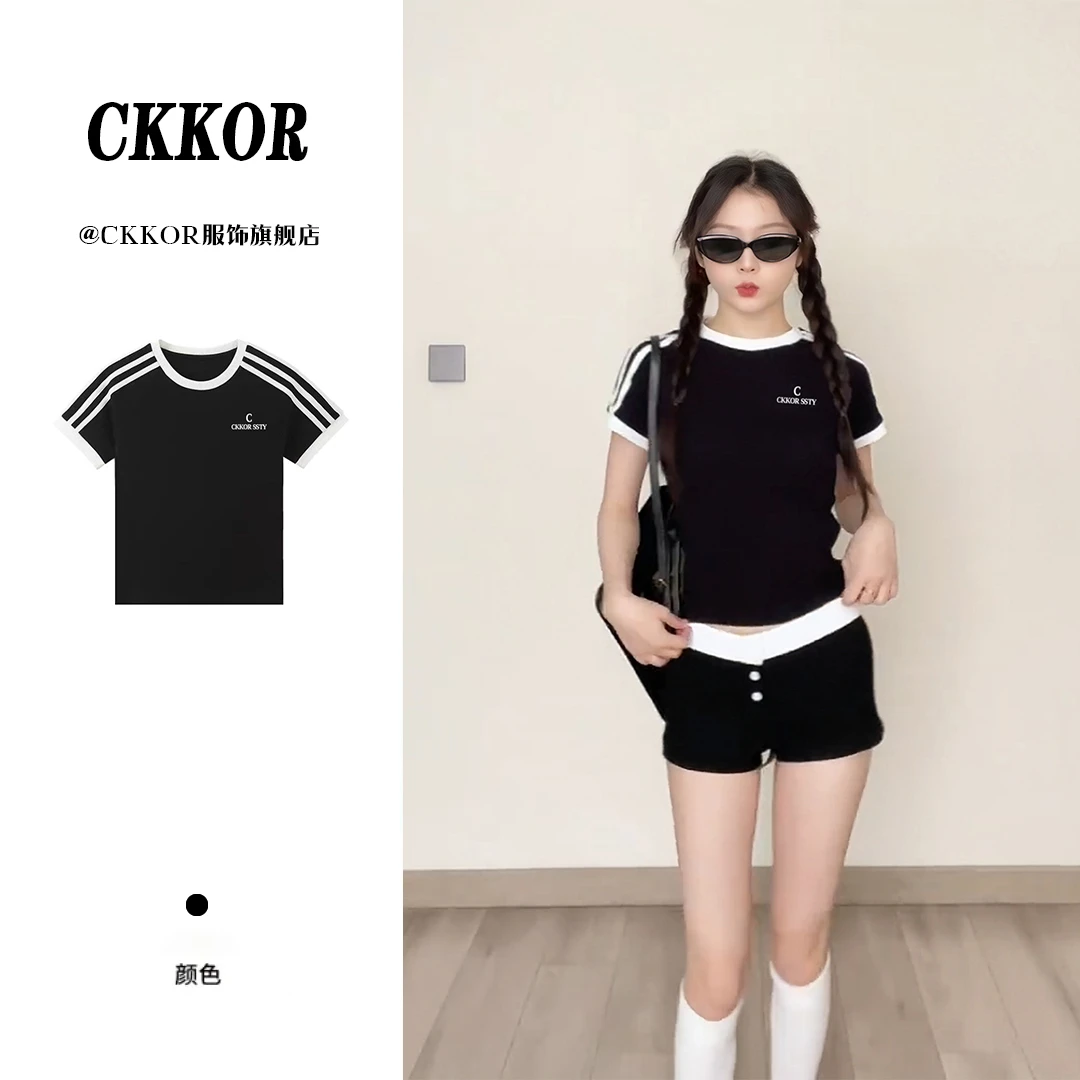 CKKOR修身显瘦百搭休闲短袖t恤女夏季新款学院运动风时尚圆领上衣