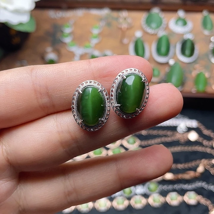 和田玉（碧玉）银S925镶嵌吊坠(不含链)耳钉