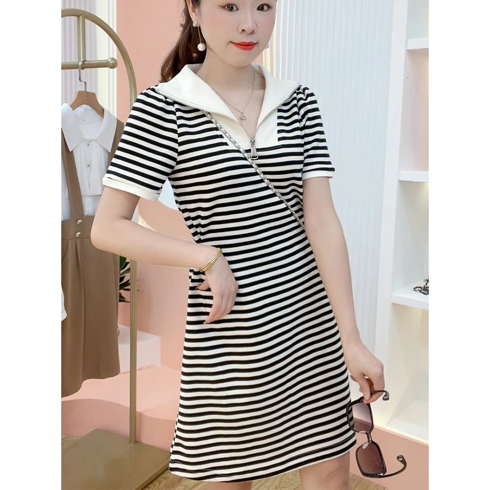 哥弟阿玛施正品2025短袖条纹撞色POLO领时尚休闲减龄收腰显瘦透气