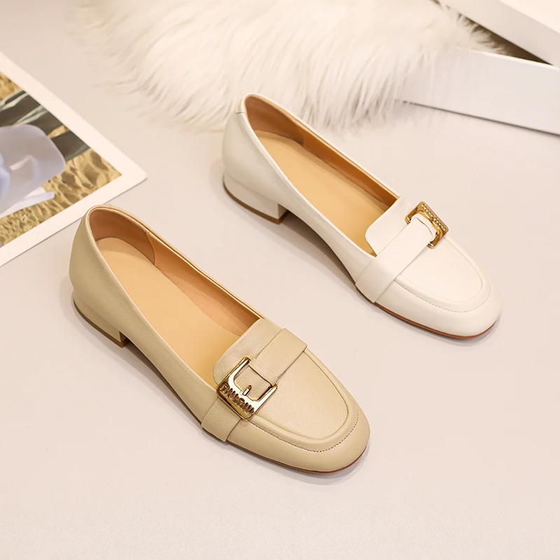 牛皮复古真皮低跟方头乐福鞋女2025新款春秋浅口单鞋平底英伦皮鞋