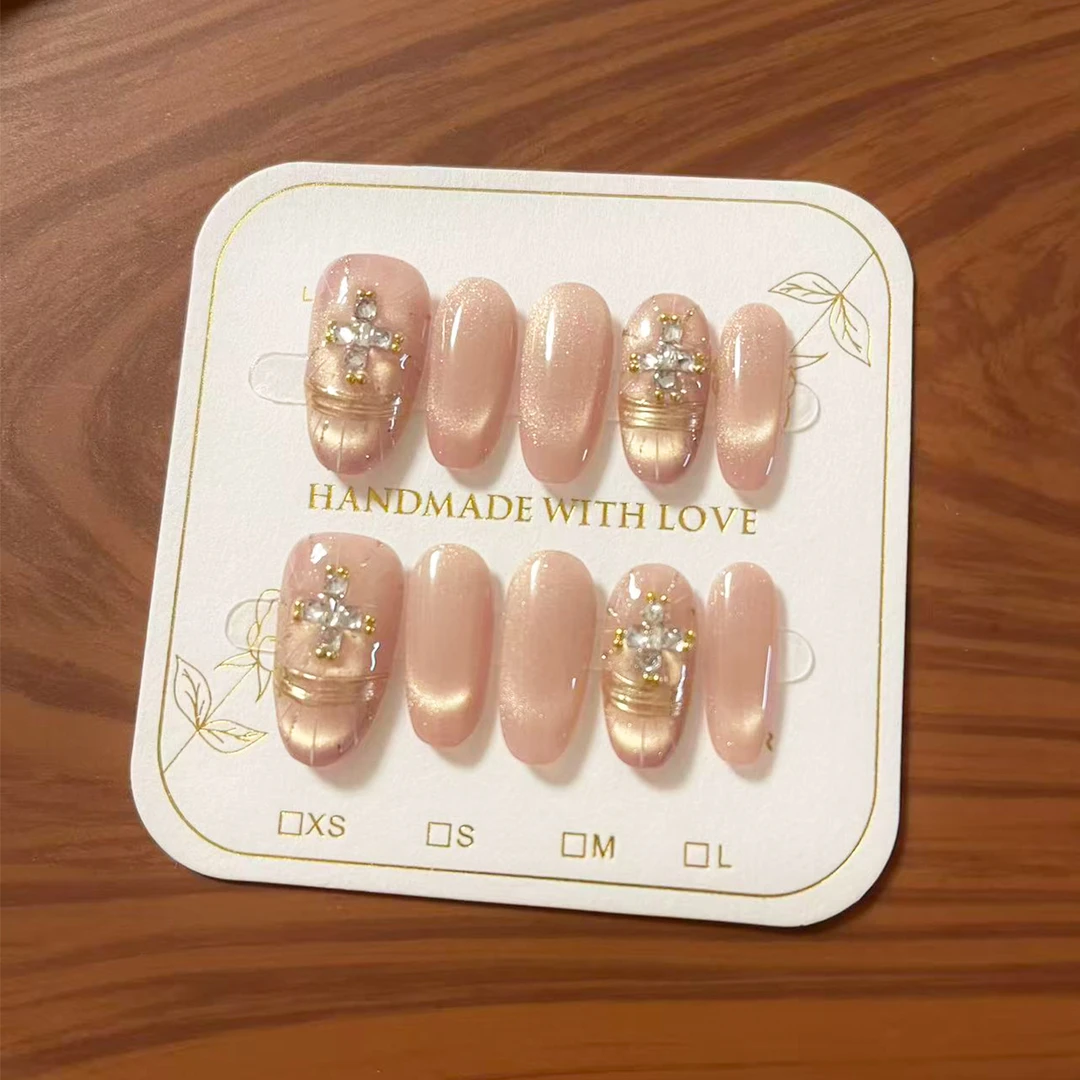 中长款新年款穿戴甲爆款神域圣光裸粉重工锆石定制显白