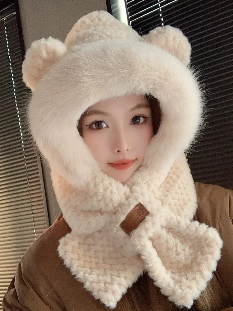 小熊帽子女秋冬毛绒围巾一体保暖围脖连帽