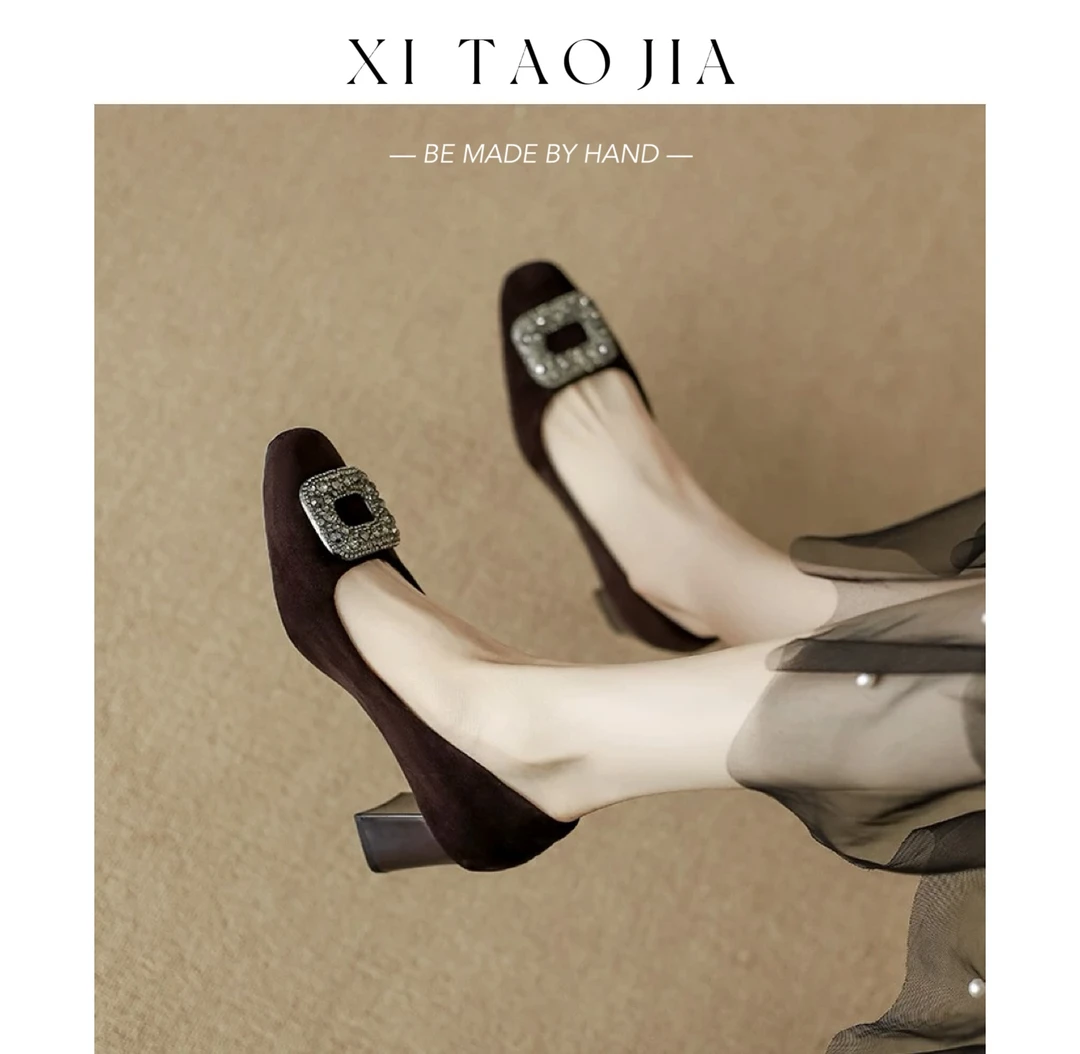 绒面5cm粗跟法式方头水钻扣不累脚气质真皮中跟单鞋复古浅口百搭