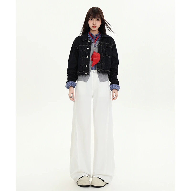 【小小琳】纪衣恋白色阔腿牛仔裤女冬季加绒裤子直筒阔腿休闲裤