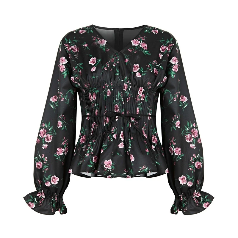 圣迪奥女装时尚印花V领风琴褶碎花收腰长袖衬衫S233Z0575