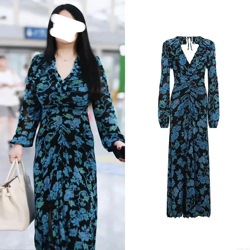 [YB做货中]李湘同款修身显瘦印花长款连衣裙抽褶设计V领长袖裙子