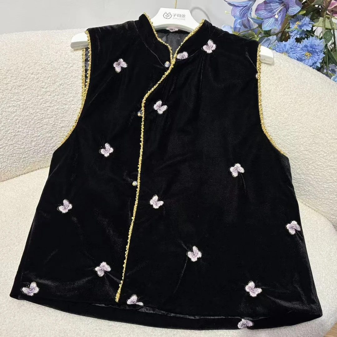 子母依新中式蝴蝶刺绣丝绒马甲25307QMF808