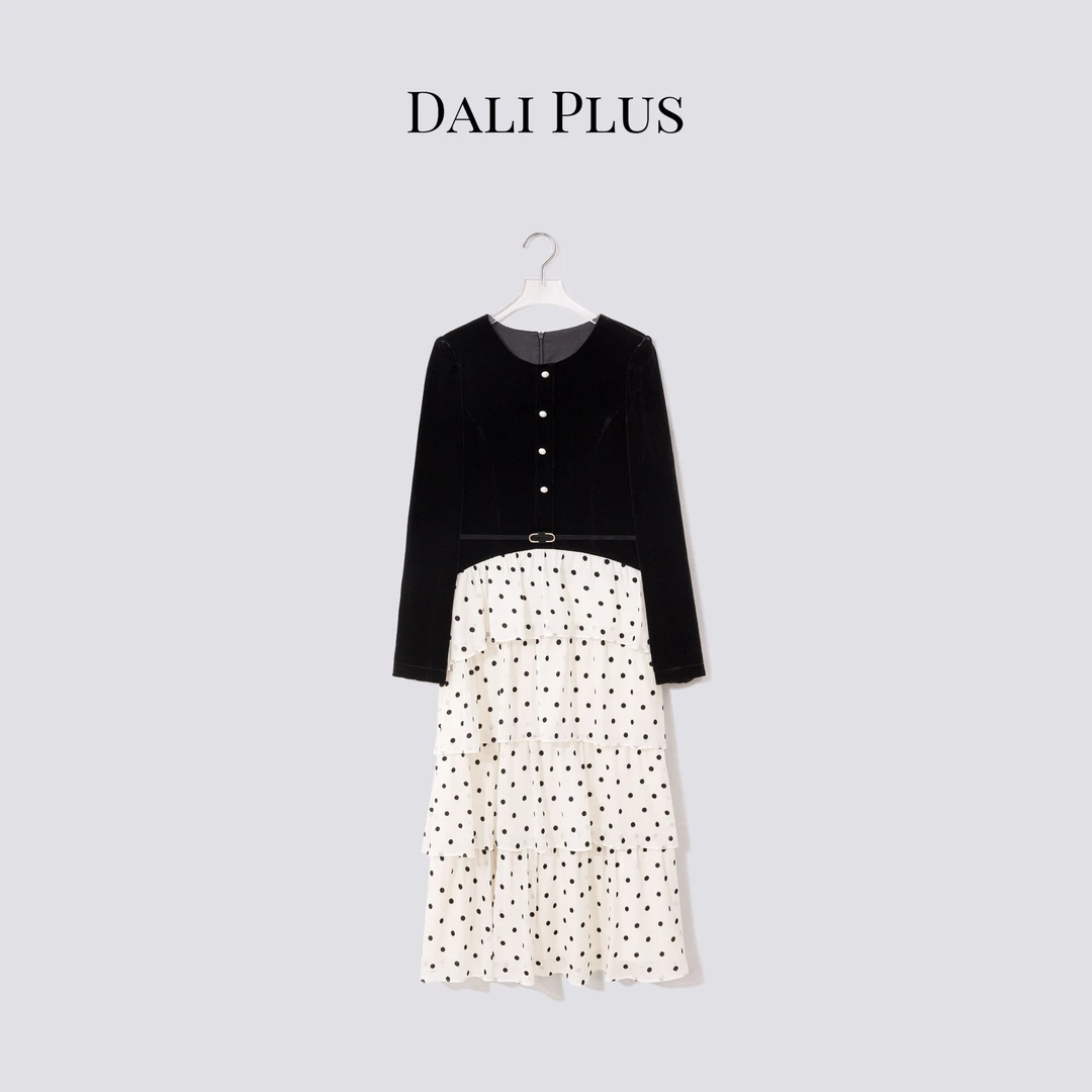 DALI PLUS“100真丝丝绒波点蛋糕裙”假两件连衣裙-D5SS7250