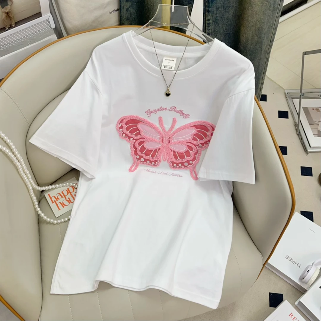 纯棉大码300斤蝴蝶刺绣短袖t恤男女夏季宽松个性百搭休闲情侣上衣