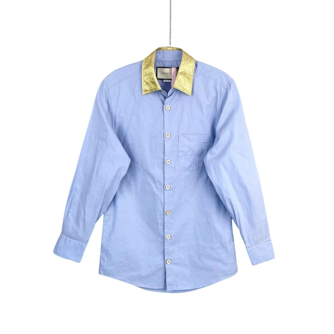 99新 GUCCI/古驰 qq488  棉 丝绸金领长袖衬衫 38码