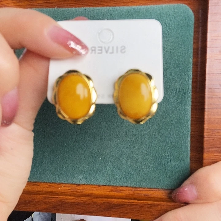 蜜蜡银S925镶嵌耳饰耳钉