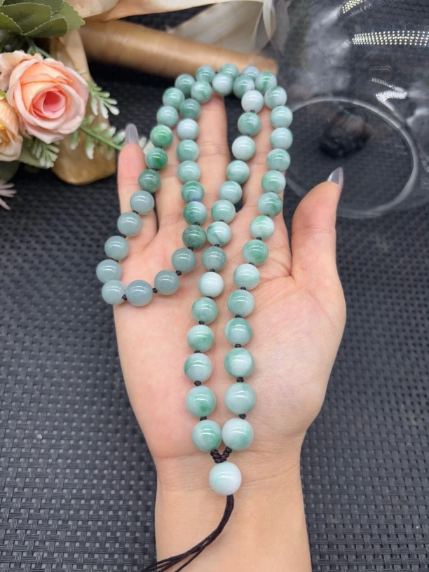 福利天然A货缅甸翡翠糯种飘花圆珠10mm玉石挂件绳项链毛衣链百搭