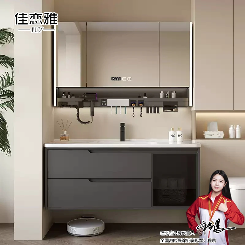 现代实木浴室柜陶瓷一体盆卫生间收纳柜洗漱台洗脸池盆柜组合套装