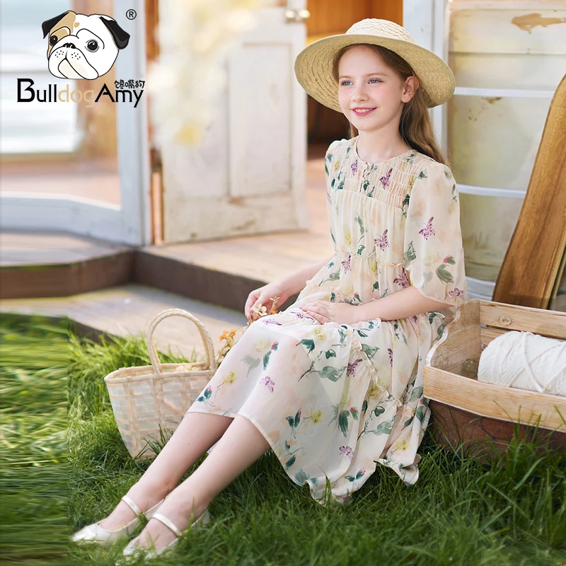 QF943210女童雪纺碎花连衣裙2025夏季新款洋气亲子装度假裙子