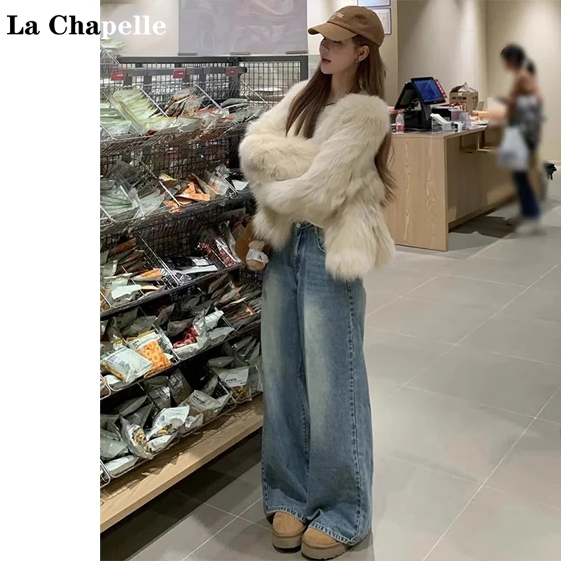 拉夏贝尔复古蓝高腰阔腿牛仔裤女2024冬季加绒新款宽松直筒拖地裤