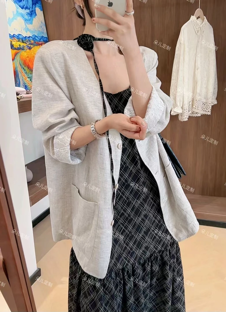 朵儿定制 【初晴】蕾丝拼接西装天丝亚麻V领外套IQ91