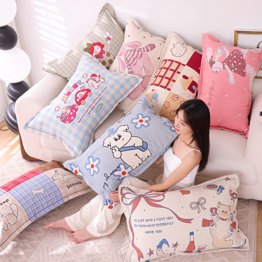 纯棉纱布按扣枕套一对装四季新款卡通成人家用柔软全棉枕芯内胆套